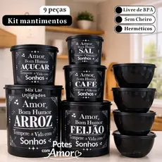 Kit com 9 potes para mantimentos de cozinha de plástico decorado