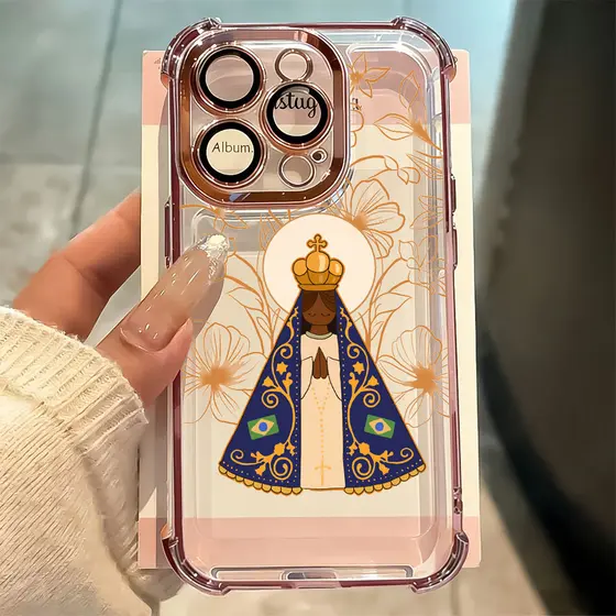 Nossa Senhora Floral Dourada Capa Capinha Para iPhone 16 15 14 Plus 13 12 11 Pro Max 2 Em 1 Anti-Queda De Quatro Cantos