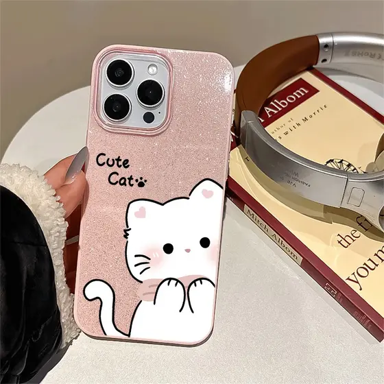 Gato Bonito Capa Capinha Para iPhone 17 Air 16 15 14 Plus 13 12 11 Pro Max XR Fina Glitter Bling Anti-queda