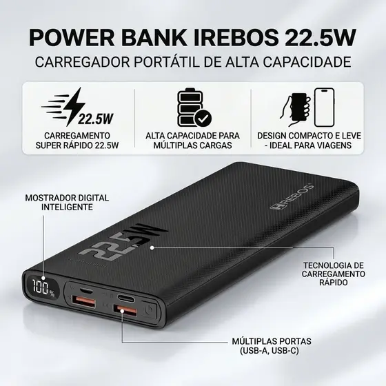 HREBOS x HEYOO Power bank de 10000mAh com 22,5W de potência de carregamento, com múltiplas portas e display digital