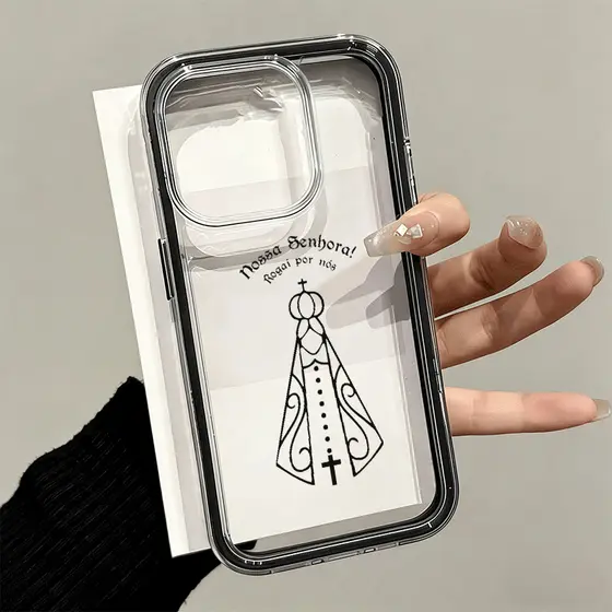 Capa Transparente Capinha 3 Em 1 Para IPhone 13 11 12 14 15 16 17 Air Pro Max Normal Orando Nossa Senhora De Acrílico Pr