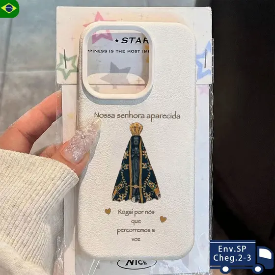 Capinha Capa Para IPhone 13 11 12 16 15 14 17 Normal Plus Pro Max Couro Falso Coro Orando Nossa Senhora Caso De Telefone