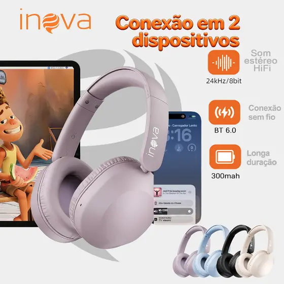 Inova Fone de ouvido Headphone Bluetooth 6.0 alto-falantes de 40 mm HiFi Conecte 2 dispositivos