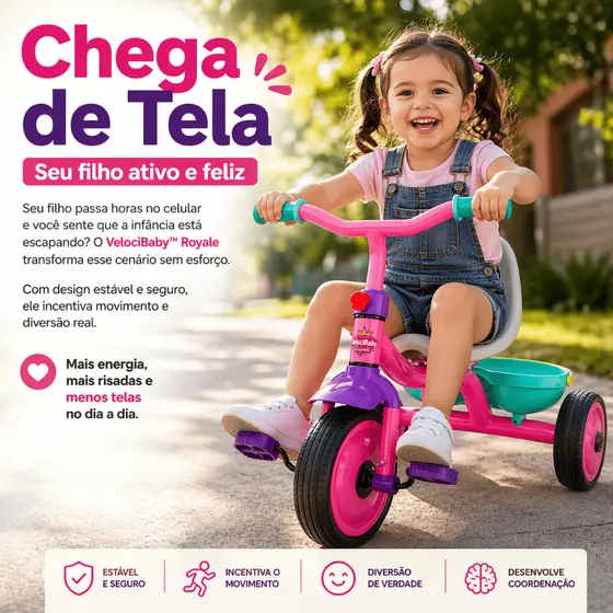Triciclo Infantil 3 Rodas Seguro Rosa VelociBaby Royale Confortável Criança