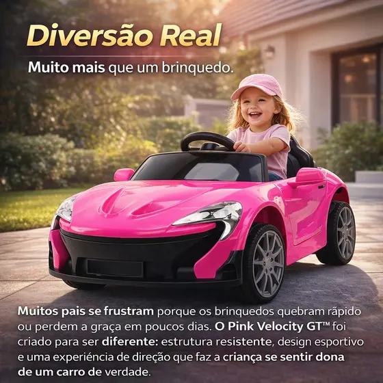 Carro Elétrico Infantil Rosa 6V Pink Velocity GT Controle Remoto Mini Carro Criança