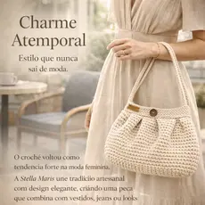 Bolsa de Crochê Artesanal Stella Maris Feminina Elegante Pequena Fio Poliéster Creme