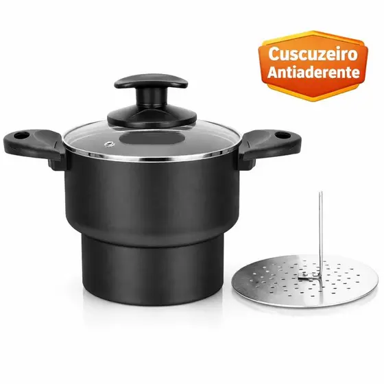Panela de Cuscuz Antiaderente N16 Com Tampa de Vidro Cuscuzeiro de Alumínio
