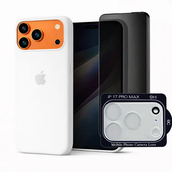Case Silicone Colorida Para iPhone 17 Pro e 17 Pro Max + Película Vidro Privacidade + Lente Câmera_Kit Premium