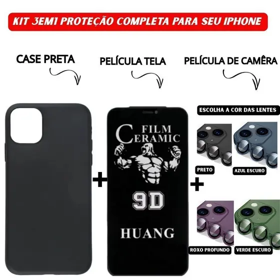 Kit 3em1 Case Preta + Película Cerâmica Privacidade + Película Câmera Colorida Para iPhone 11 12 13 14 15 16 Pro Max