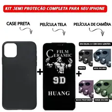 Kit 3em1 Case Preta + Película Cerâmica Privacidade + Película Câmera Colorida Para iPhone 11 12 13 14 15 16 Pro Max