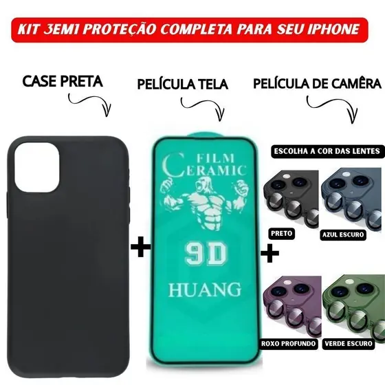 Kit 3em1 Case Preta + Película Cerâmica + Película Câmera Colorida Para iPhone 11 12 13 14 15 16 Pro Max