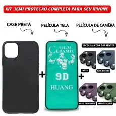 Kit 3em1 Case Preta + Película Cerâmica + Película Câmera Colorida Para iPhone 11 12 13 14 15 16 Pro Max
