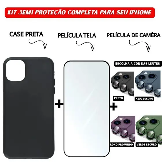 Kit 3em1 Case Preta + Película de Vidro Temperado 3D + Película Câmera Colorida Para iPhone 11 12 13 14 15 16 Pro Max