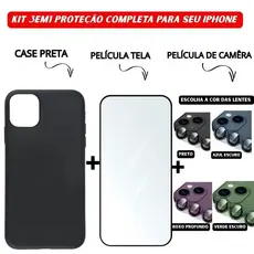 Kit 3em1 Case Preta + Película de Vidro Temperado 3D + Película Câmera Colorida Para iPhone 11 12 13 14 15 16 Pro Max