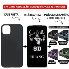 Kit 3em1 Case Preta+Película Cerâmica Privacidade+Película Câmera Diamante Para iPhone 11 12 13 14 15 16 Pro Max