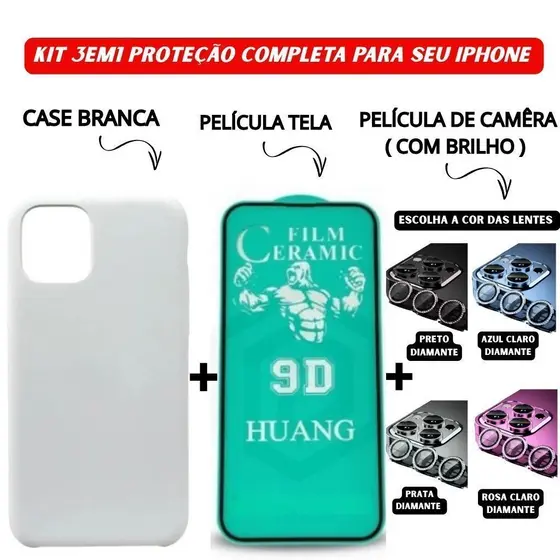 Kit 3em1 Case Branca+Película Cerâmica+Película Câmera Diamante Para iPhone 11 12 13 14 15 16 Pro Max