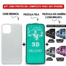 Kit 3em1 Case Branca+Película Cerâmica+Película Câmera Diamante Para iPhone 11 12 13 14 15 16 Pro Max