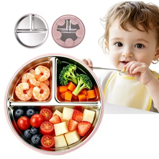 Prato Bebê Infantil Criança 3 Divisórias em Aço Inox e Base de Silicone com Ventosa 20cm Alimentação Bebê
