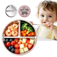 Prato Bebê Infantil Criança 3 Divisórias em Aço Inox e Base de Silicone com Ventosa 20cm Alimentação Bebê