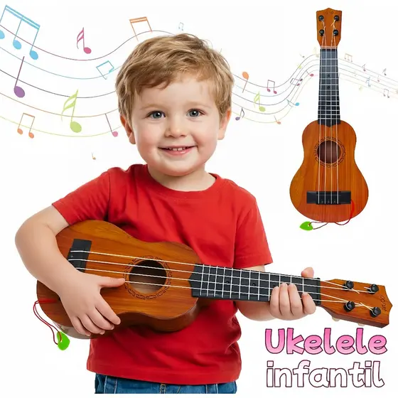 Mini Violão Infantil 44cm Ukulele Estampa Amadeirada Nylon Palheta