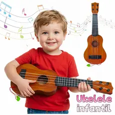 Mini Violão Infantil 44cm Ukulele Estampa Amadeirada Nylon Palheta