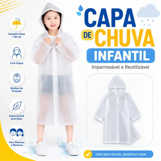 Capa De Chuva Infantil Com Capuz Impermeavel Meninos Meninas