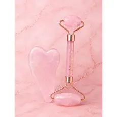 Kit Roller Facial + Gua Sha Quartzo Rosa Massageador Facial Antienvelhecimento Drenagem Linfática