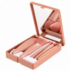 Kit pincéis maquiagem estojo espelho portátil 5 peças rose mini viagem