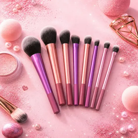 Kit com 8 Pincéis de Maquiagem Profissional Rosa – Para Base, Blush, Contorno e Sombra