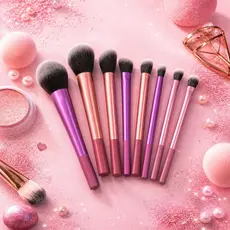 Kit com 8 Pincéis de Maquiagem Profissional Rosa – Para Base, Blush, Contorno e Sombra