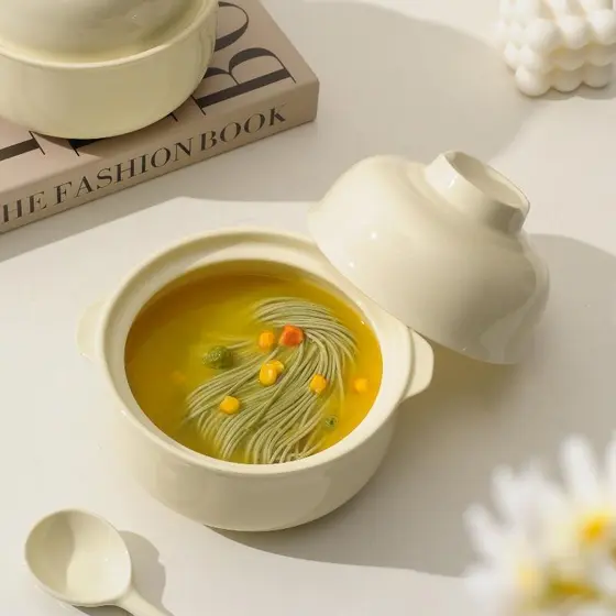 Tigela de macarrão instantâneo de cerâmica com tampa, tigela de sopa para micro-ondas, dormitório estudantil, lancheira