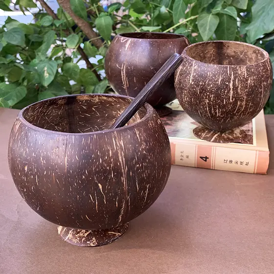 Artesanato de coco antigo tigela de casca de coco utensílios de casca de coco podem ser gravados salada crianças tigela