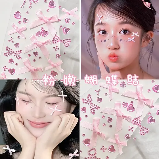 Adesivos de rosto decorações concerto rosto adesivos rosa arco maquiagem suporte facial maquiagem adesivos diamantes
