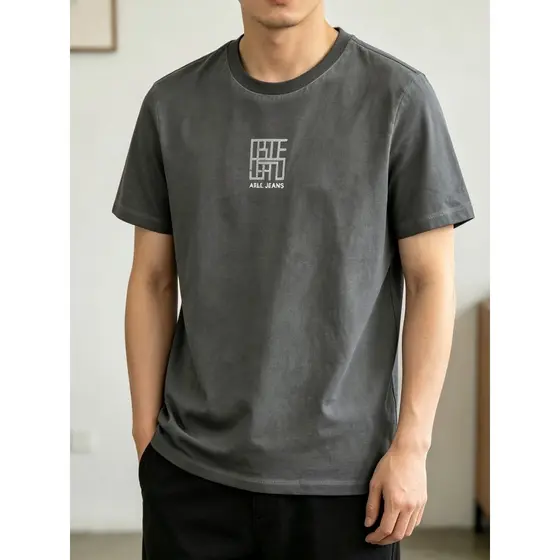 Capaz JEANS de manga curta masculina fina lavagem suja oleosa única cinza camiseta imaginação chinesa algodão puro verão