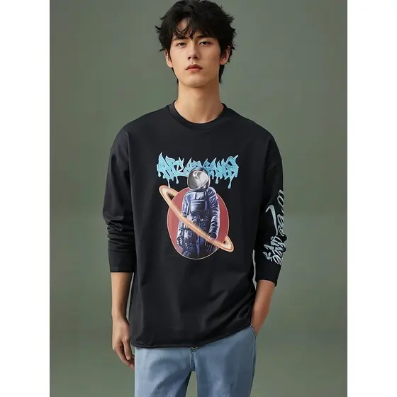 Capaz jeans moletom masculino feminino mesmo estilo topo em torno do pescoço americano Curling borda solta primavera out