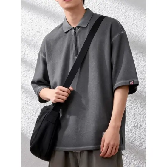 Ikura camisa POLO de lapela pesada masculina meia manga solta ombro caído capaz JEANS estilo retrô meia camisa com zíper