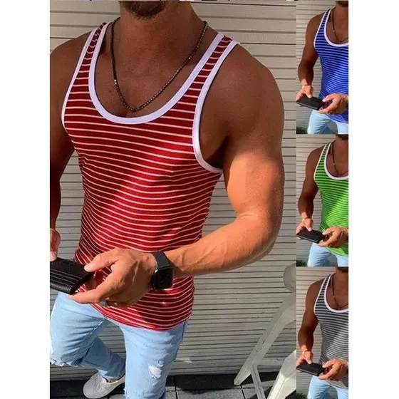 Regata masculina estilo roupa de trabalho; Camisola masculina Casual sem mangas com listras I