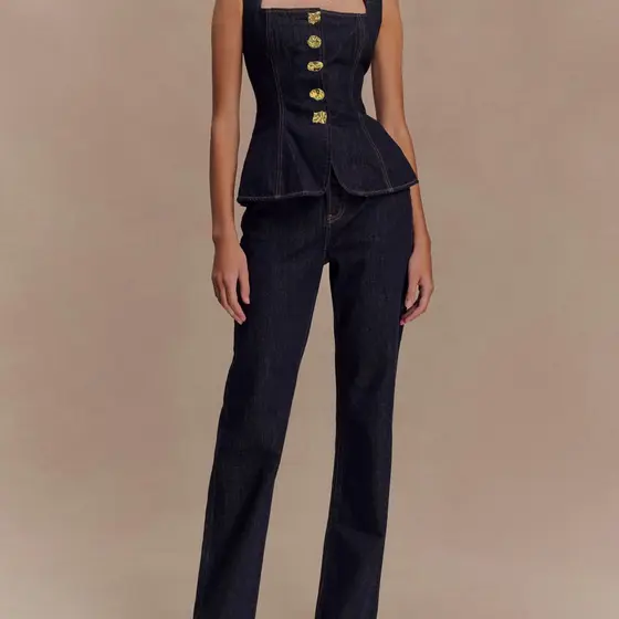 Conjunto De top E Calças De Cowboy Europeu Americano Transfronteiriço Feminino Com Botões Jeans De Cintura Alta