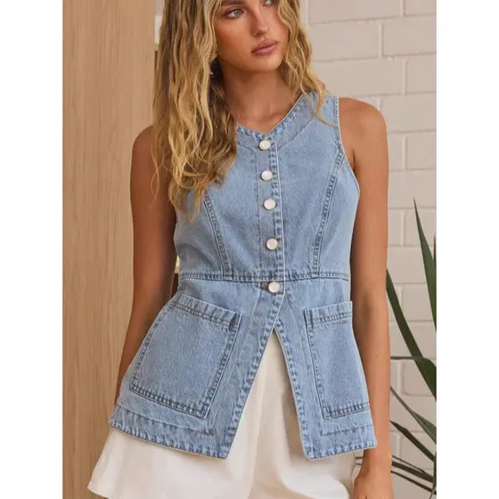 Botão denim colete europeu americano Cross-Border feminino verão moda Casual fino-ajuste botão Cardigan denim colete