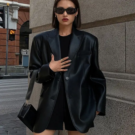 Terno solto preto couro do plutônio terno jaqueta feminina 2024 outono inverno novo estilo High-End textura solta pequen