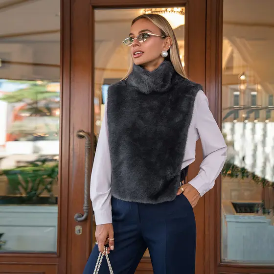 Colete peludo europeu americano feminino outono inverno novo estilo meia gola alta na moda peludo colete sem mangas cole