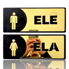 Placa Sinalização Banheiro Ele & Ela em Acrílico Espelhado Moderno Para Qualquer Ambiente