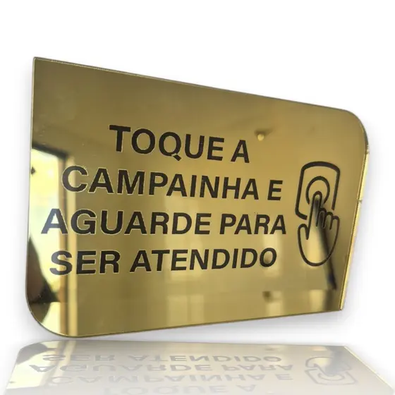 Placa Sinalização Aviso "Toque a Campainha e Aguarde Para Ser Atendido" em Acrílico Espelhado
