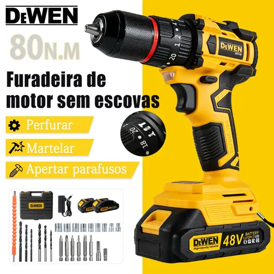 Furadeira Elétrica 48V com 2 Baterias Brushless  Electric Drills 0-2000RPM Torque Máximo 20-80N.M Sem Escovas Taladro