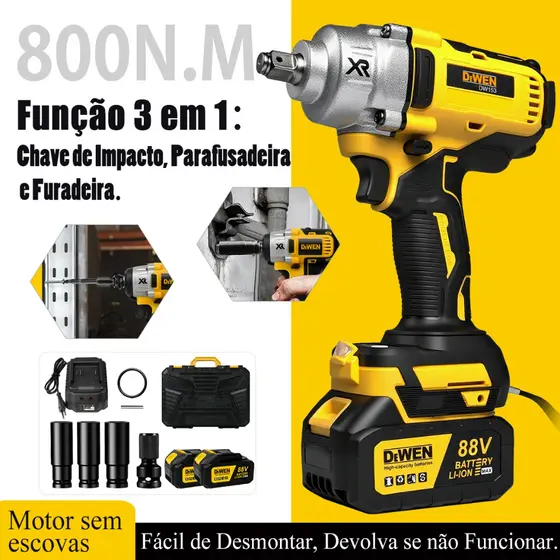 Chave de Impacto 800NM Parafusadeira Furadeira Brushless com Luz LED e Motor Sem Escova para Automóveis e Construção