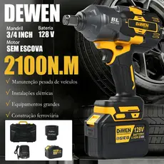 DEWEN 2100N.M 128VChave de Impacto Potente Elétrica Profissional 4 em 1 Sem Escovas Kit Completo 1 Baterias