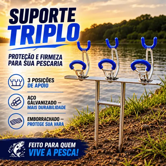 Suporte Vara Pesca Triplo Barranco Emborrachado Reforçado