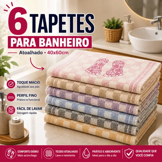 Kit 6 Tapetes Pezinho Piso 100% Algodão Atoalhado 40x60cm