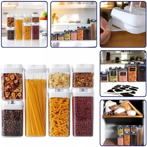Potes Acrílico Kit 7 Peças Arroz Feijão Cereais Condimentos Organizadores Cozinha Tampa