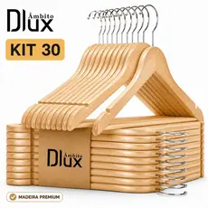 Ambito Dlux Kit 20/30 Cabides de Madeira Para Roupas Marfim Premium com Gancho Cromado Adulto 44CM